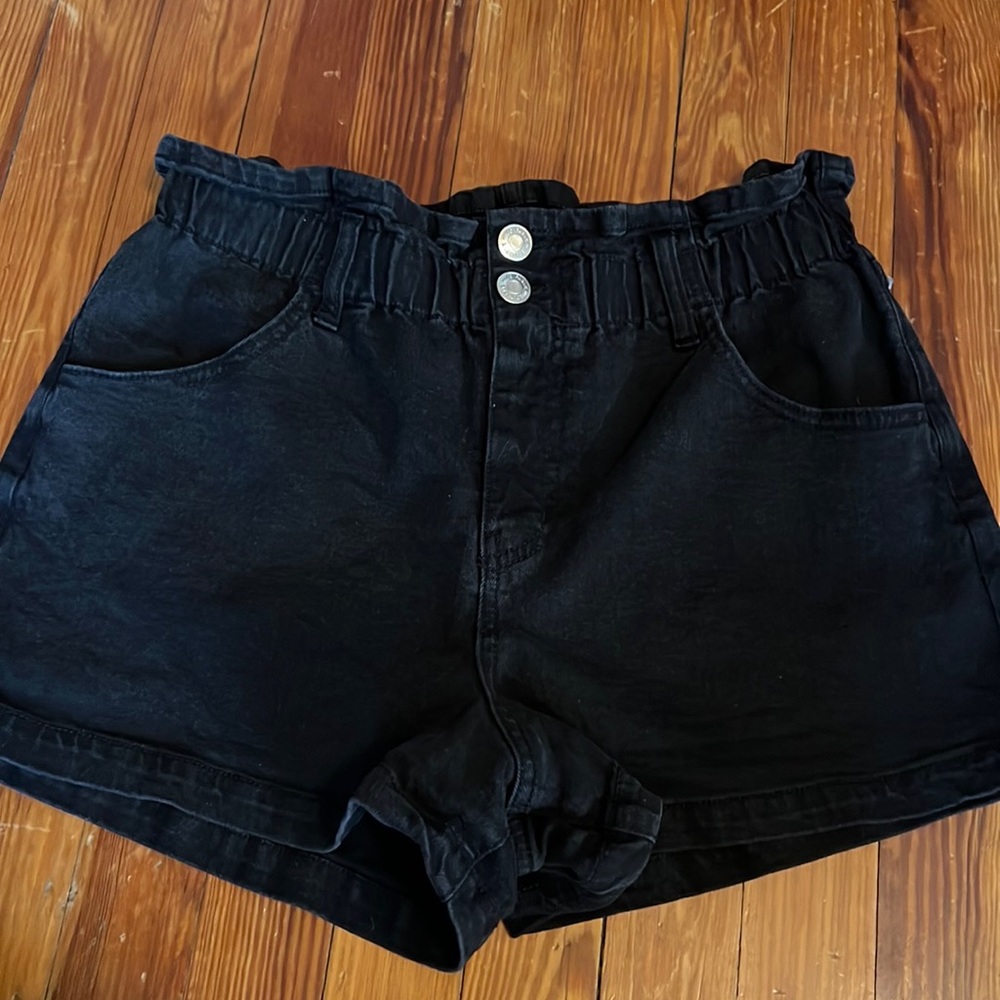 Black Paper Bag Waist Denim Short